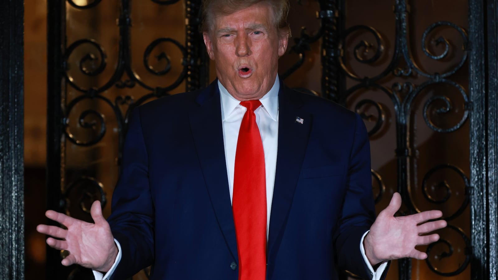 Donald Trump speaks to the press at Mar-a-Lago on February 16, 2024, in West Palm Beach, Florida.