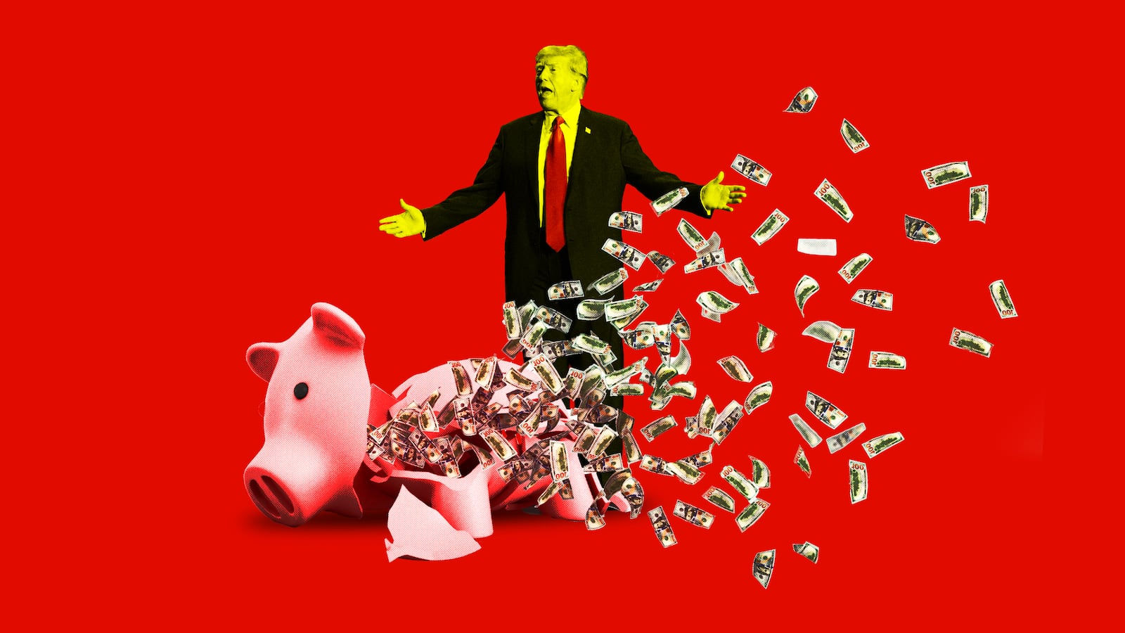 A photo illustration of former President Donald Trump and a broken piggy bank with money flying out.