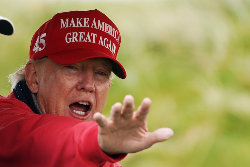 Former US president Donald Trump on the 4th hole at Trump International Golf Links & Hotel in Doonbeg, Co. Clare, during his visit to Ireland. Picture date: Thursday May 4, 2023. (Photo by Brian Lawless/PA Images via Getty Images)