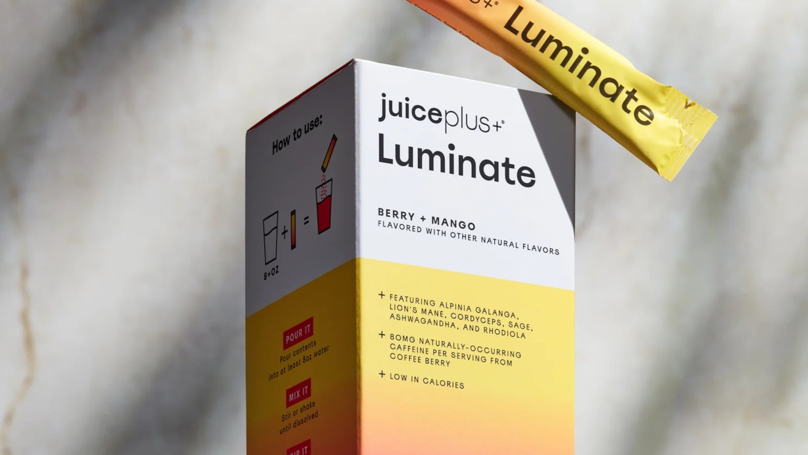 Juice Plus Luminate herbal supplement box and single serving