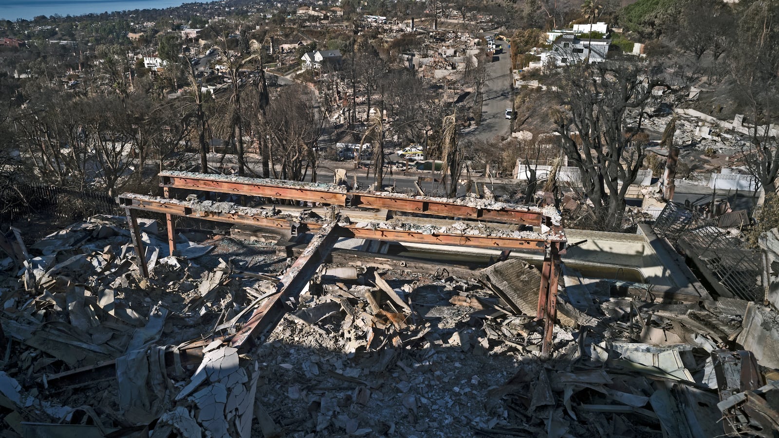 Structures destroyed by the Palisades Fire on January 24, 2025 in Pacific Palisades, California.