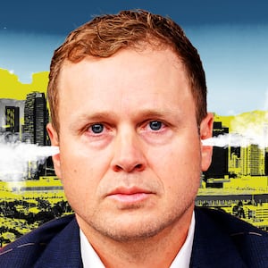 Illo illustration of Spencer Pratt in front of a photo of Los Angeles with steam coming out of his ears