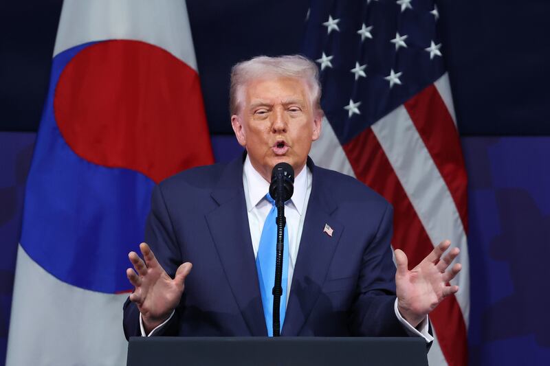 U.S. President Donald Trump speaks during a special speech for the APEC CEO Summit Korea 2025