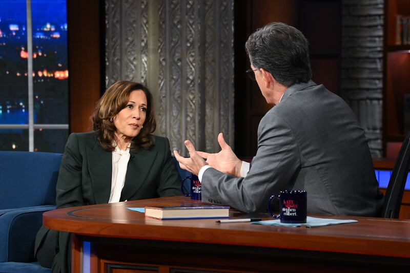 Stephen Colbert and Kamala Harris