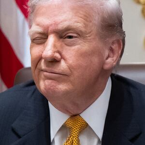 US President Donald Trump winks during a meeting with Hungarian Prime Minister Viktor Orban in the Cabinet Room of the White House in Washington, DC on November 7, 2025. (Photo by SAUL LOEB / AFP)
