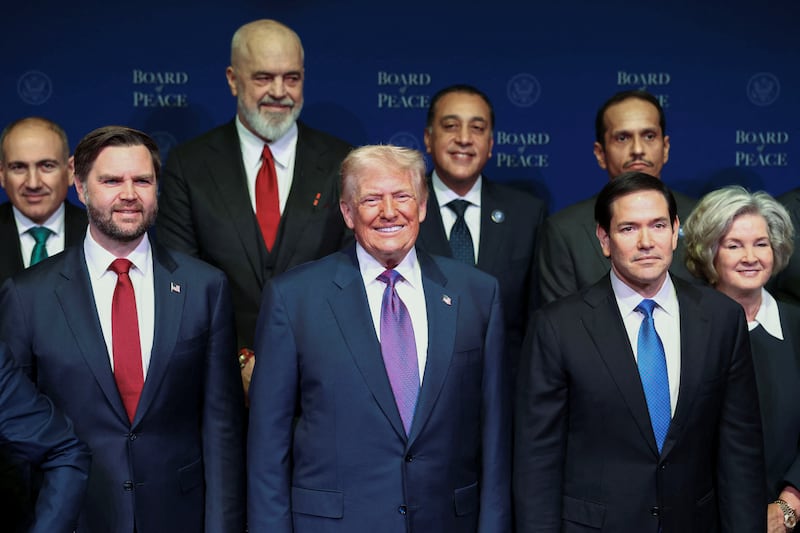 U.S President Donald Trump, U.S. Vice President JD Vance and U.S. Secretary of State Marco Rubio stand with world leaders participating in the inaugural Board of Peace meeting at the U.S. Institute of Peace in Washington, D.C., U.S., February 19, 2026. REUTERS/Kevin Lamarque