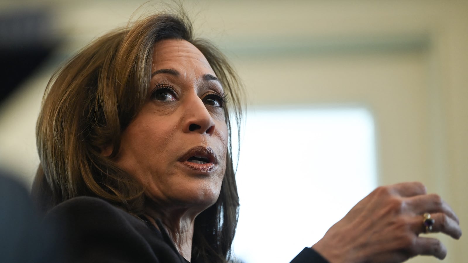 US Vice President Kamala Harris speaks during a briefing on the federal response to the Los Angeles wildfires in the Oval Office of the White House in Washington, DC, on January 10, 2025. (Photo by ANDREW CABALLERO-REYNOLDS / AFP) (Photo by ANDREW CABALLERO-REYNOLDS/AFP via Getty Images)