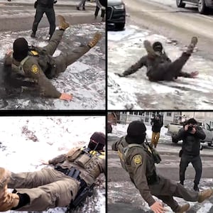 ICE agent slips over