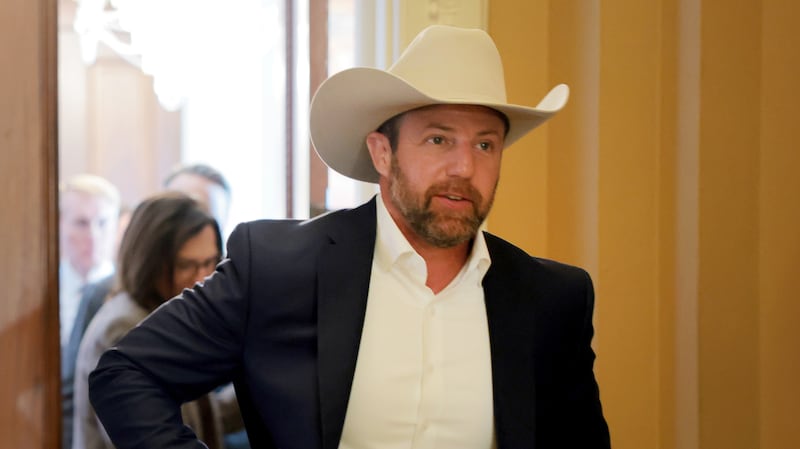 Sen. Markwayne Mullin (R-OK) arrives to the weekly Senate Republican policy luncheon at the U.S. Capitol on January 28, 2026
