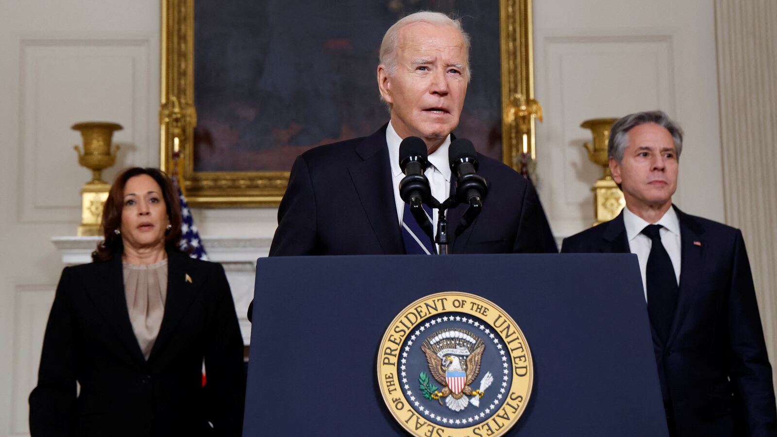 Joe Biden, accompanied by Vice President Kamala Harris and U.S. Secretary of State Antony Blinken, makes remarks about the situation in Israel following Hamas' deadly attacks, Oct. 10, 2023.
