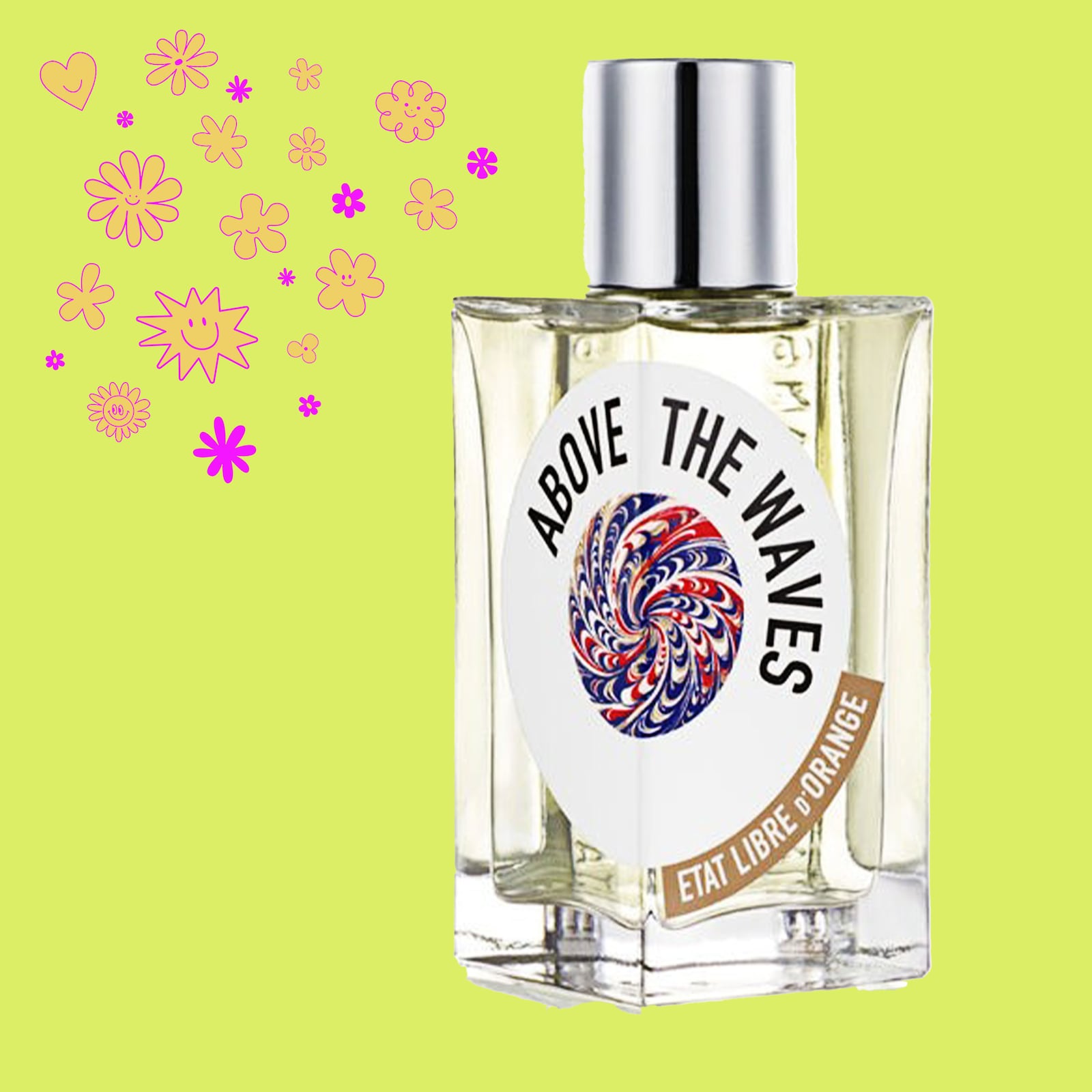 above the waves, etat libre d'orange perfume on a green background with orange and pink shapes