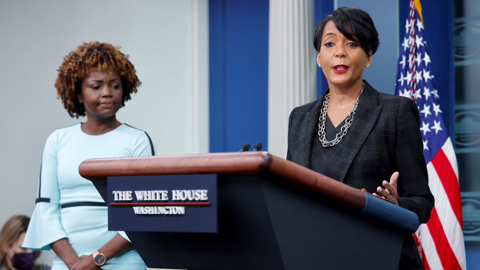 White House Office of Public Engagement Director Keisha Lance Bottoms joins Press Secretary Karine Jean-Pierre for the daily press briefing at the White House in Washington, U.S. January 13, 2023.