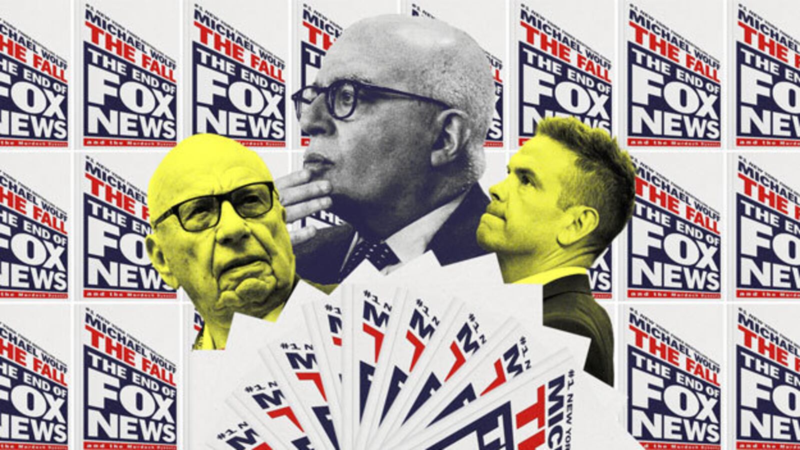 Photo illustration of Rupert Murdoch, Lachlan Murdoch, and Michael Wolff collaged with images of Wolff’s new book, “The Fall, The End of Fox News”