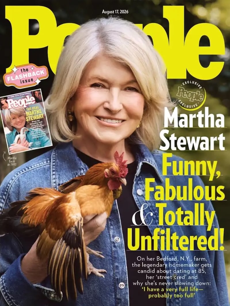 Martha Stewart wears a denim jacket and holds a rooster on her People magazine cover for the August 17, 2026, issue.