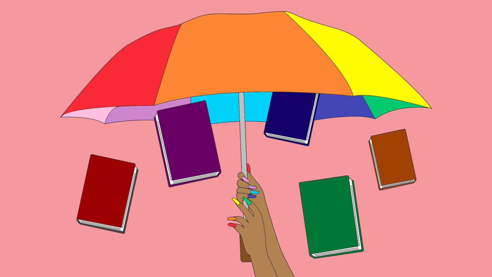 An illustration of a drag queen holding up a rainbow-colored umbrella protecting library books for drag queen story hour.