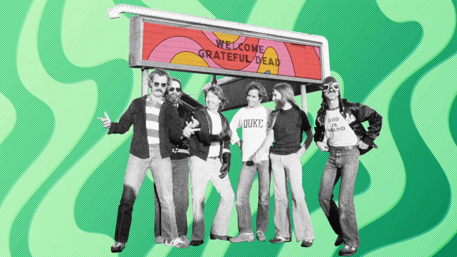 Photo illustration of a photograph of The Grateful Dead on top of psychedelic backgrounds.
