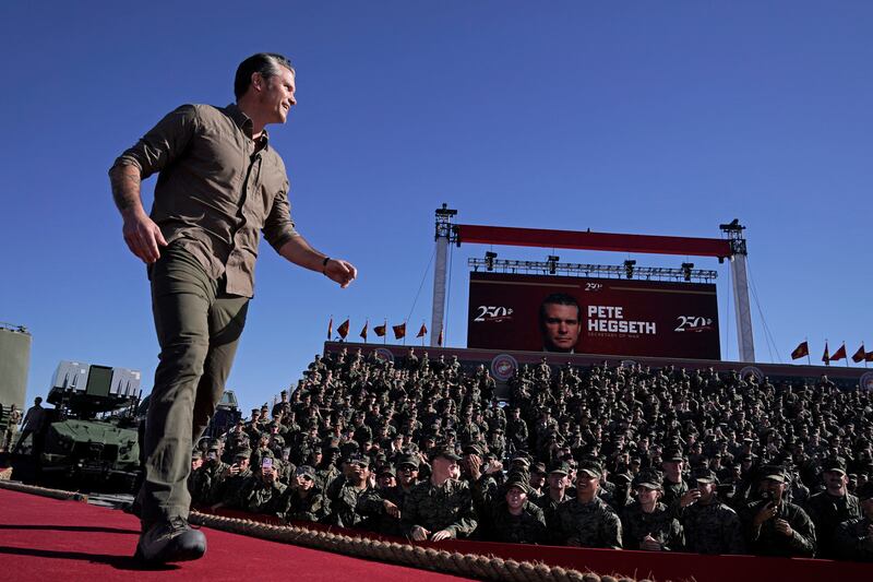 US Secretary of Defense Pete Hegseth walks on stage to deliver remarks as part of the Marine Corps' 250th anniversary celebration at Camp Pendleton, California, on October 18, 2025. (Photo by Oliver Contreras / AFP) (Photo by OLIVER CONTRERAS/AFP via Getty Images)