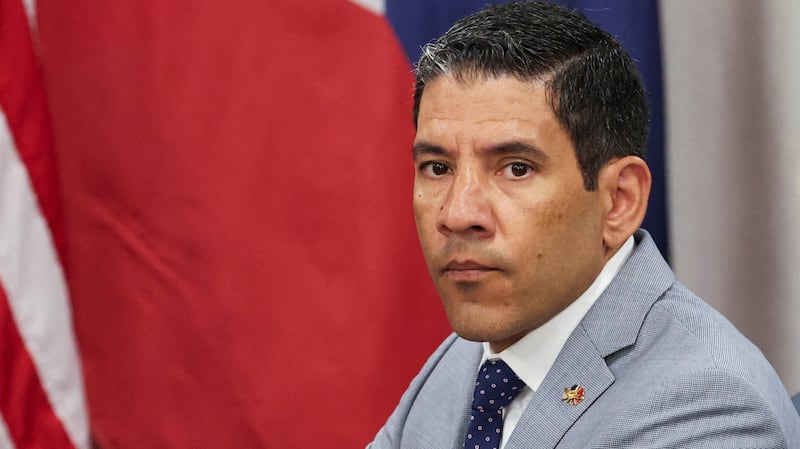Ricky Buria, seated with U.S. Navy Admiral Samuel Paparo, joins U.S. Defense Secretary Pete Hegseth's delegation as he meets with Philippine President Ferdinand Marcos Jr. at the Pentagon, in Washington, D.C., U.S., July 21, 2025.