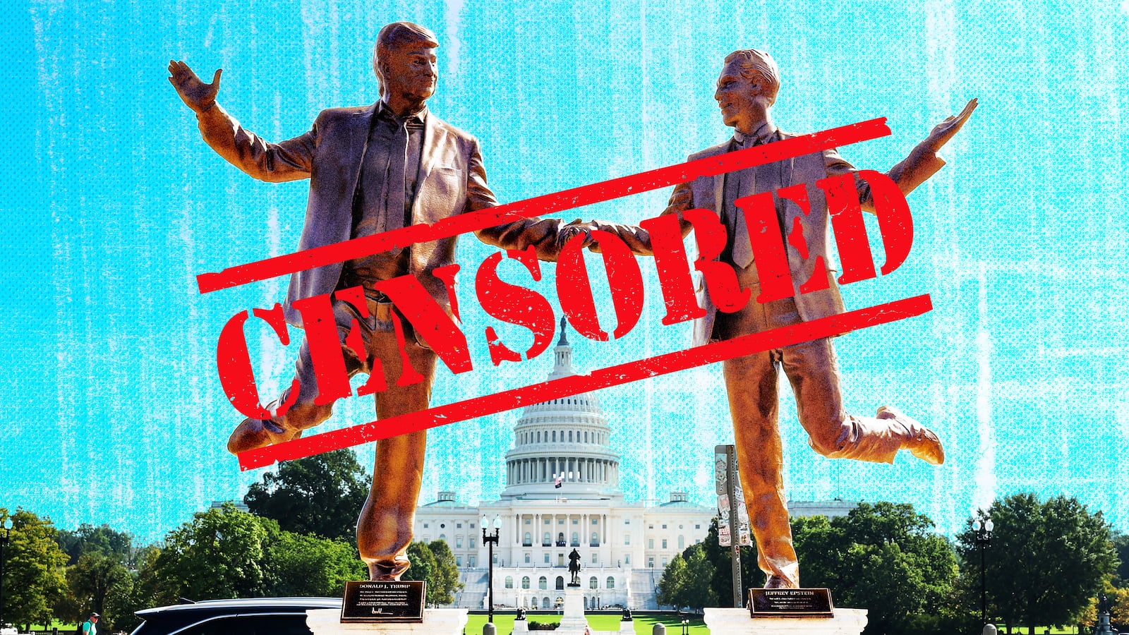 A photo illustration of a statue depicting President Donald Trump and Jeffrey Epstein holding hands is seen near the U.S. Capitol in Washington, DC with a red Censored stamp.