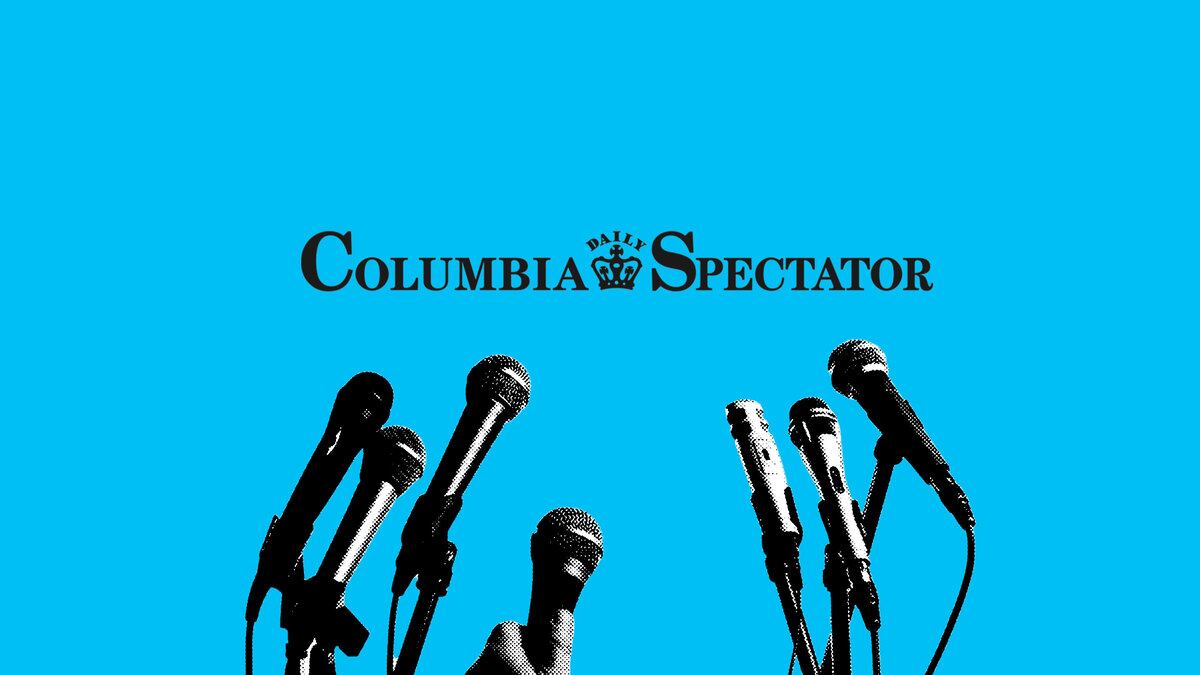 A photo illustration of the Columbia Spectator logo in front of microphones