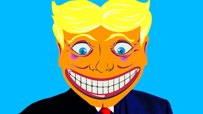 A photo illustration of Donald Trump as the Steeplechase Face from Coney Island.