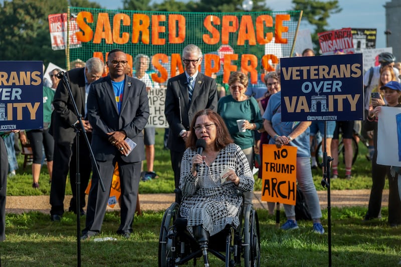 US Senator Tammy Duckworth (D-IL) speaks during a protest against US President Donald Trump’s proposed triumphal arch at its planned site in Memorial Circle in Washington, D.C., US, October 1, 2026. REUTERS/Kylie Cooper