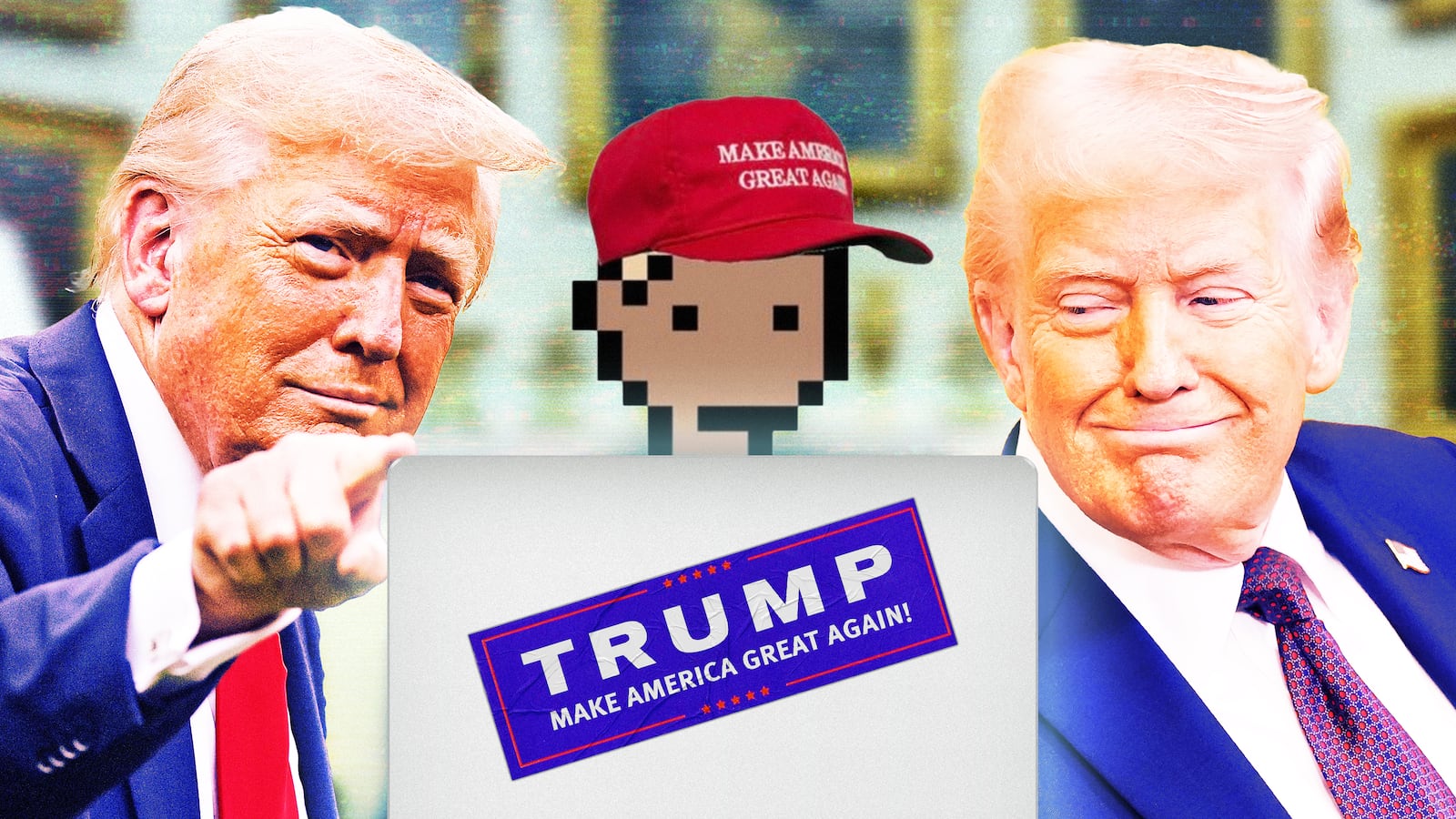 A photo illustration of Johnny Maga X avatar behind a computer and Donald Trump inside the oval office.