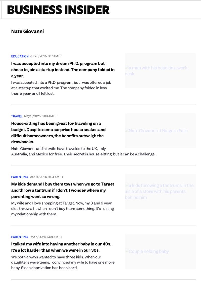 “Nate Giovanni” had a whirlwind of personal essays published by Business Insider in the past year, as his since-deleted author profile shows. An essay was also published under the name “Nathan Giovanni.”