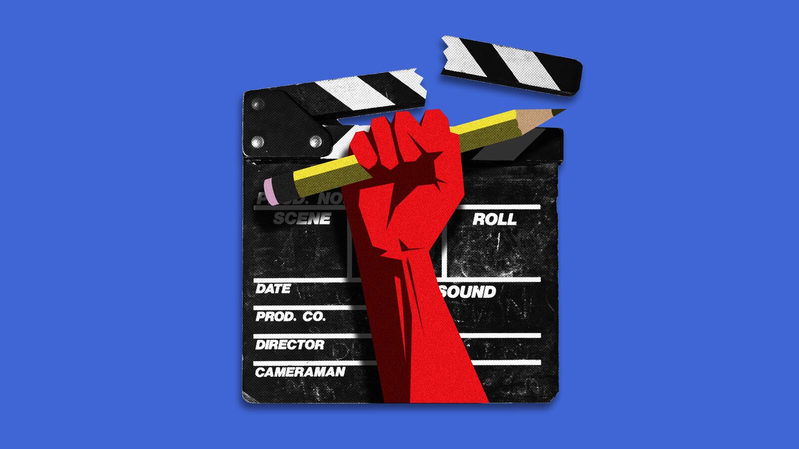 Illustration of a pencil and a director's scene card.