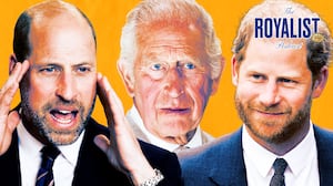 A photo illo illustration of Prince William, King Charles, and Prince Harry for The Royalist podcast.