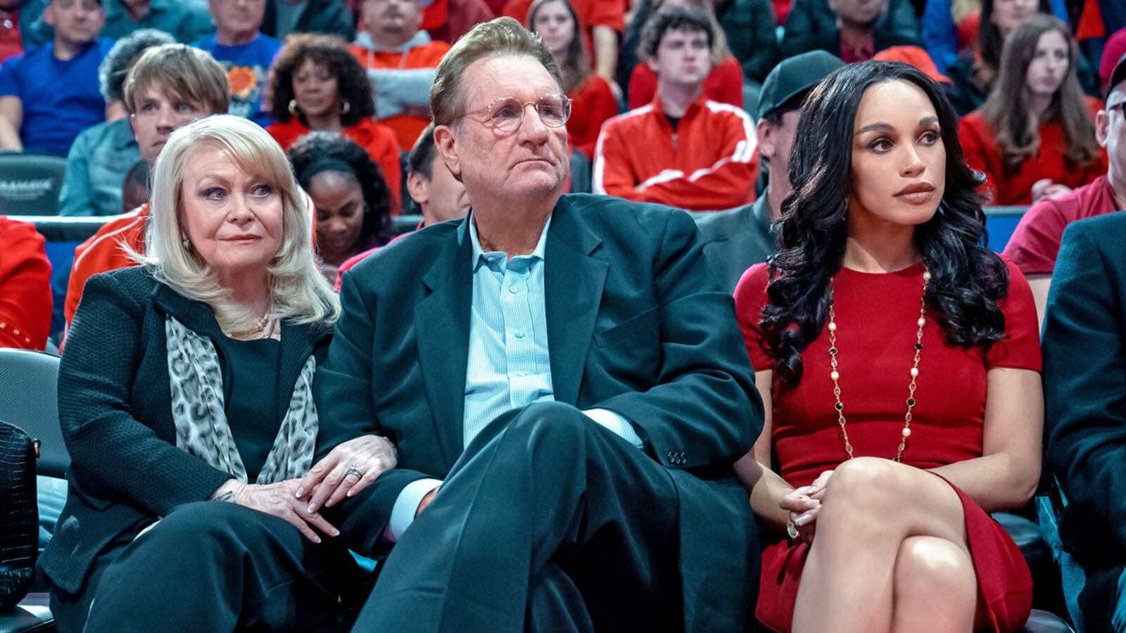 Jacki Weaver, Ed O’Neill and Cleopatra Coleman sit next to each other in a still from ‘Clipped’