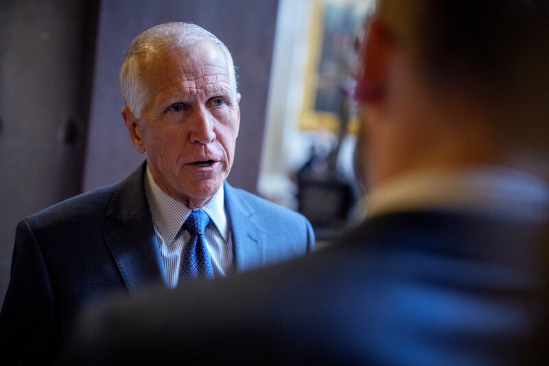 Senator Thom Tillis speaks to reporters before a weekly Republican policy luncheon at the U.S. Capitol Building.