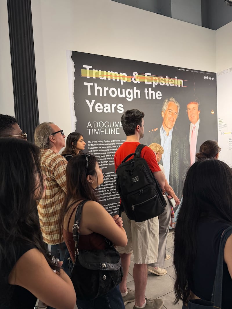 Scenes at the Trump & Epstein Through the Years exhibit.