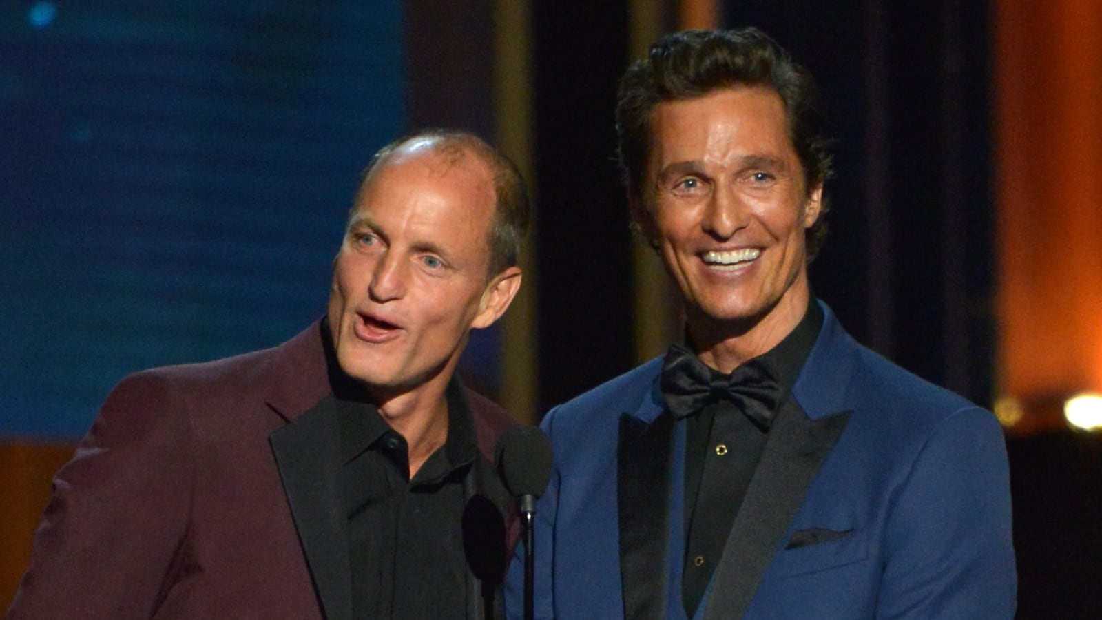 LOS ANGELES, CA - AUGUST 25: Actors Woody Harrelson (L) and Matthew McConaughey speak onstage at the 66th Annual Primetime Emmy Awards held at Nokia Theatre L.A. Live on August 25, 2014 in Los Angeles, California. (Photo by Lester Cohen/WireImage)
