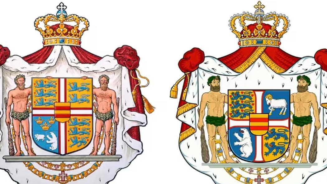The new coat of arms (right) features a large polar bear and ram, representing Greenland and the Faroes. Composite: Kongehuset.de