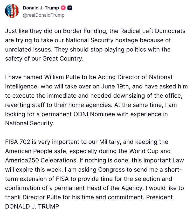 Donald Trump Truth Social post about Bill Pulte from June 10
