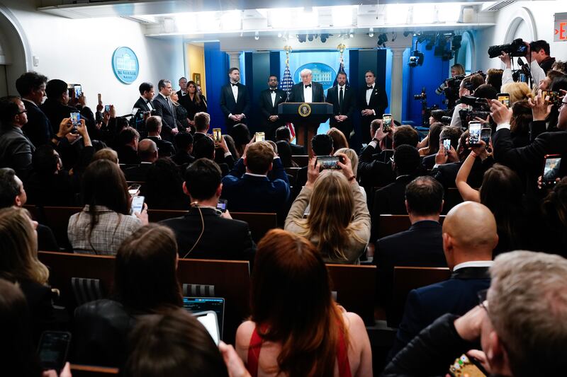 Donald Trump speaks during a press conference in the Brady Briefing Room of the White House on April 25, 2026 in Washington, DC.