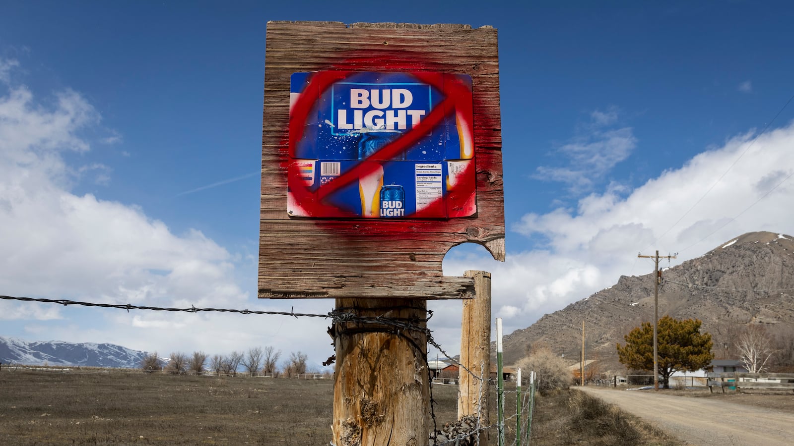 A sign disparaging Bud Light beer along a country road in Arco, Idaho.