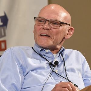 James Carville (left); Supreme Court Justices Clarance Thomas, Brett Kavanaugh, and John Roberts (right)