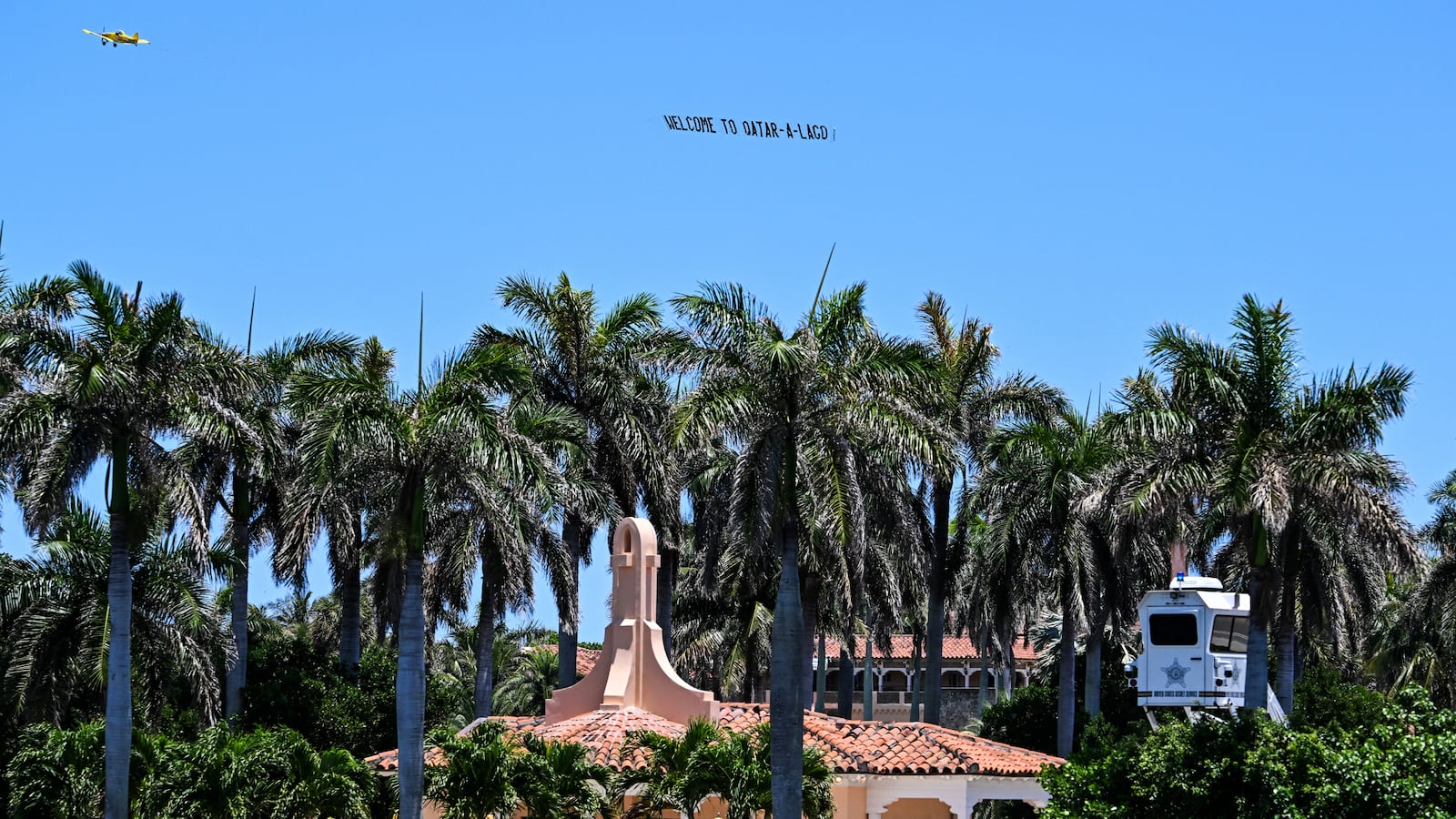 A sky banner with the words "Qatar-a-Lago" flew near President Donald Trump's Mar-a-Lago residence in Palm Beach, Florida Wednesday.