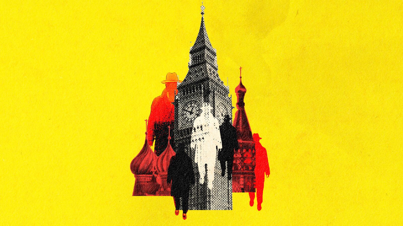 A photo illustration shows Big Ben in London surrounded by the St. Petersburg palace and the silhouette of spies