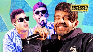 Obsessed podcast illo illustration of Jorma Taccone and Andy Samberg.