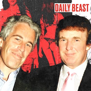 Jeffrey Epstein and Donald Trump with photos of models in the background.