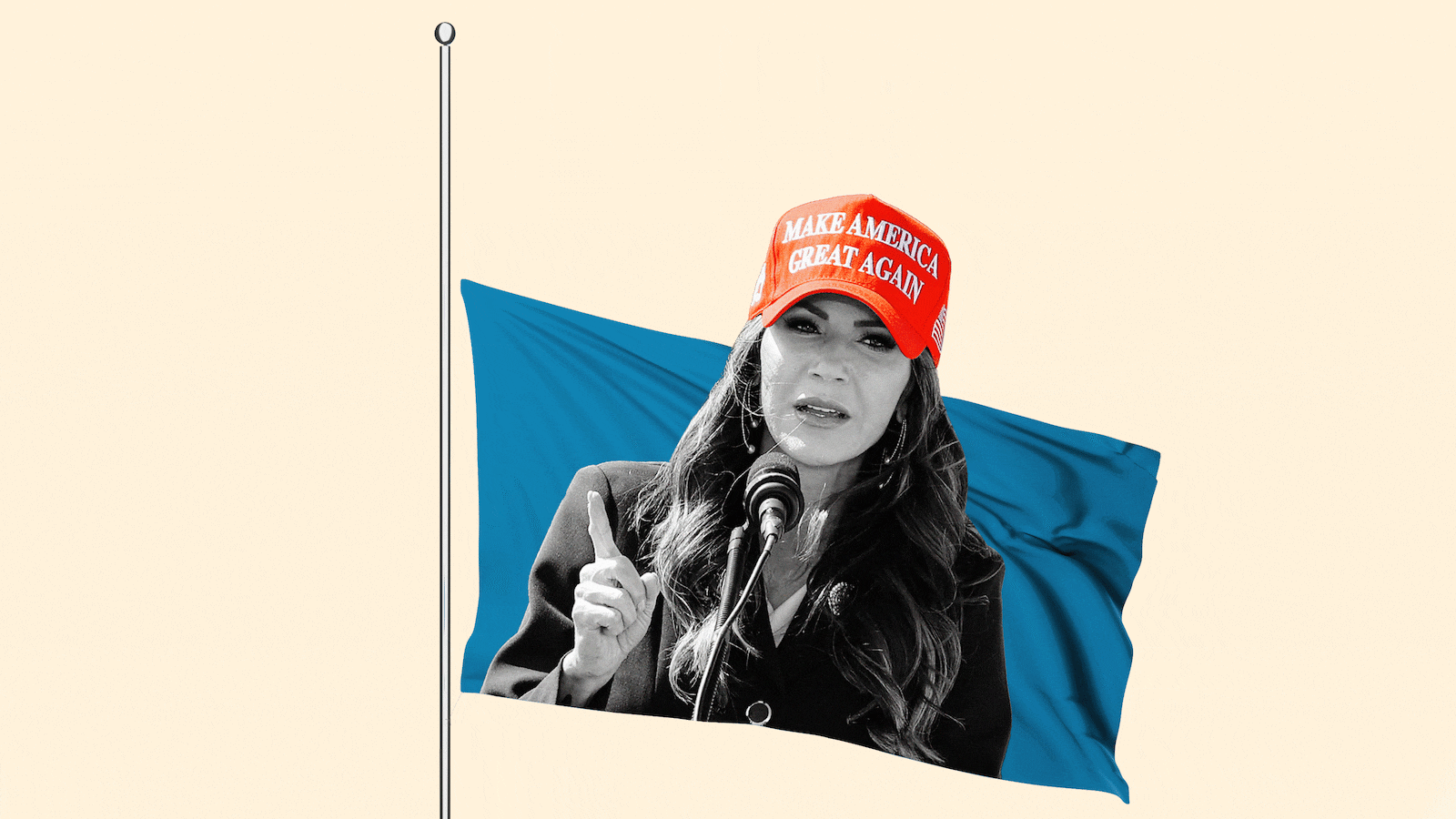 An illustration including a photo of the Kristi Noem wearing a MAGA cap in front of South Dakota flag