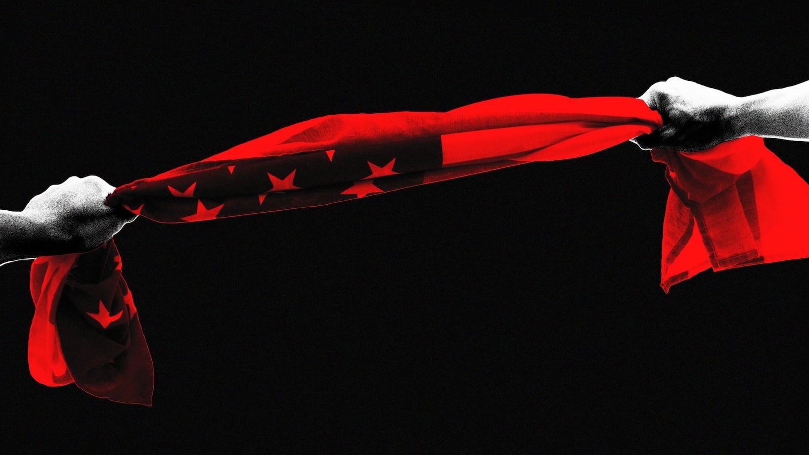 An illustration that includes images of Two People holding the American Flag.