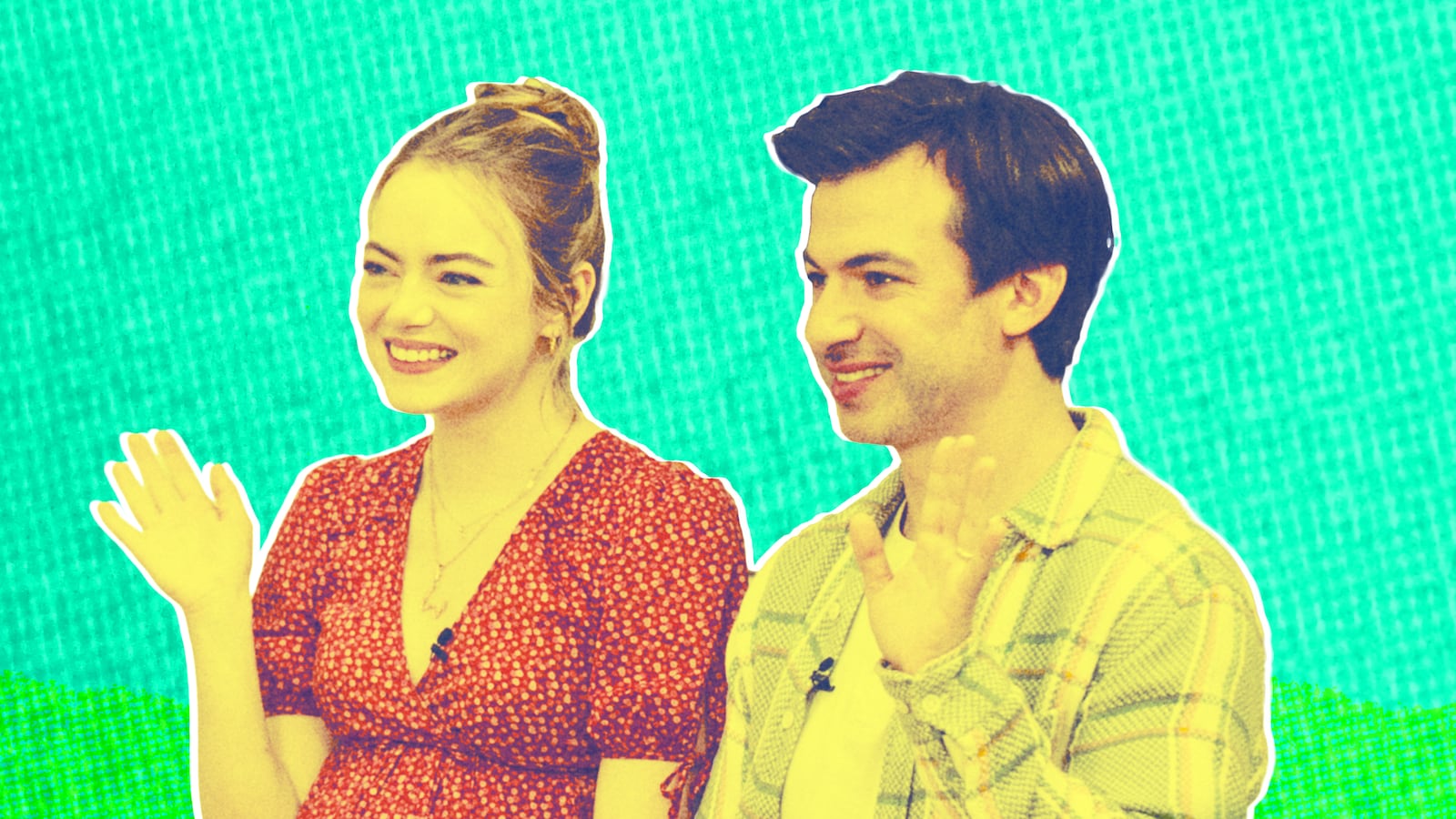 A photo illustration of Emma Stone and Nathan Fielder in The Curse.