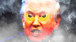 Donald Trump with angry yellow eyes and fog around him