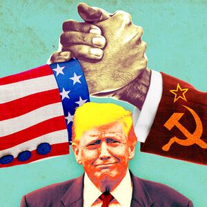 A photo illustration of President Donald Trump, and two arms grasping fists wearing a USA and USSR Soviet flag sleeve.