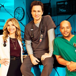 SCRUBS - ABC's “Scrubs” stars Sarah Chalke as Elliot Reid, Zach Braff as John "J.D." Dorian, and Donald Faison as Christopher Turk.