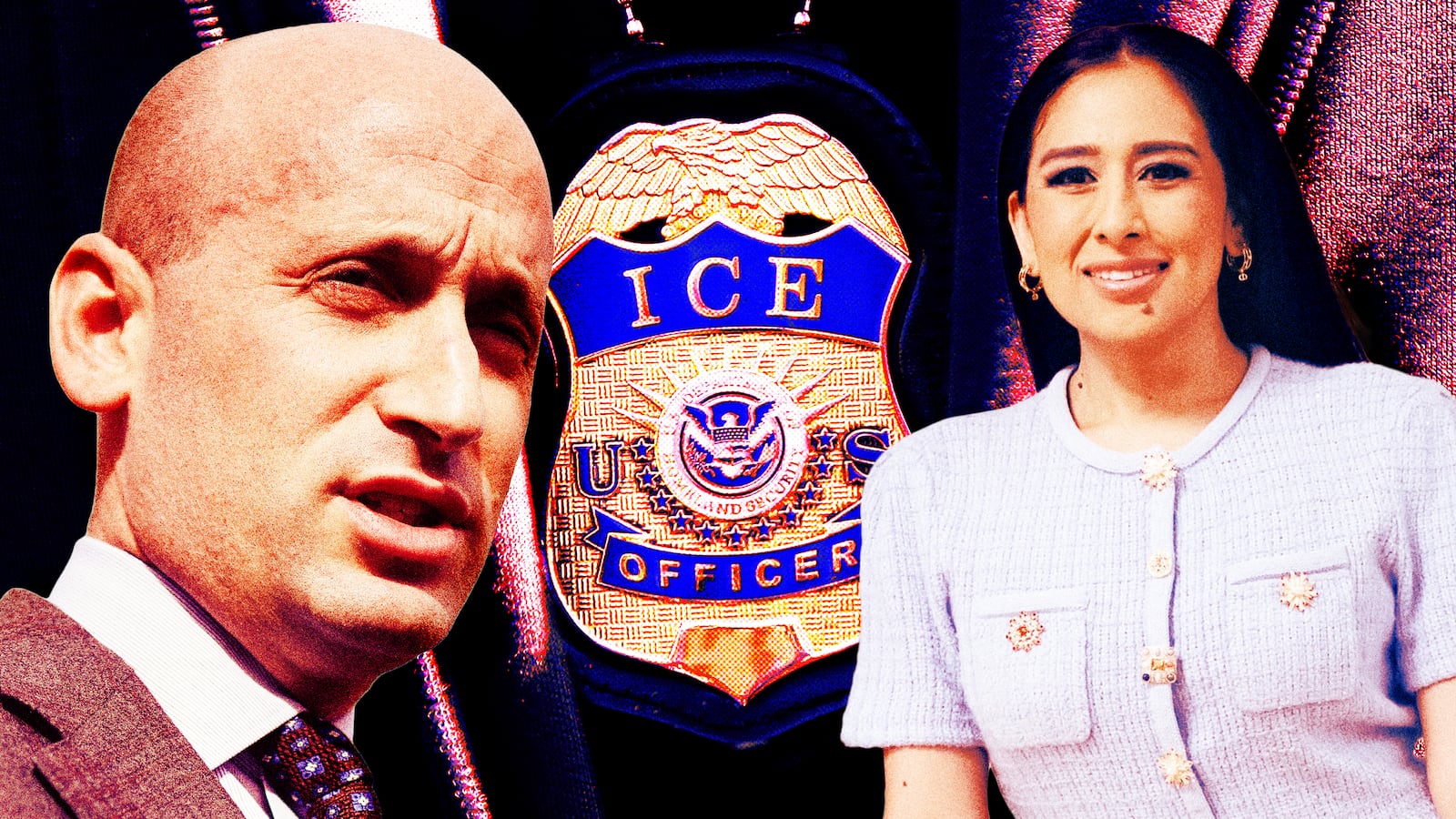 A photo illustration of Stephen Miller and Cynthia Santiago and an ICE Agent badge.